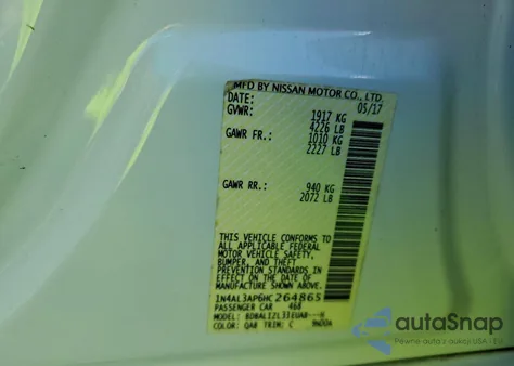 2017 Nissan Altima 2.5 z USA, uszkodzony, nr VIN 1N4AL3AP6HC264865